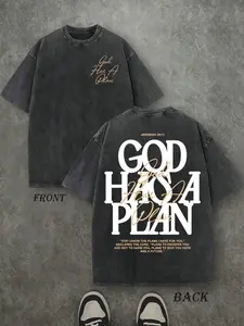 Retro Washed T-Shirt Double Sided Printed 230 Pure Cotton 'GOD HAS A PLAN' Letter Print Men's Casual Comfortable Fashionable Street Style Cotton Distressed Festive