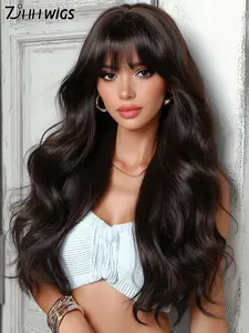 High-Quality 24 Inch Natural Color Wave Long Curly Hair Wig with Bangs, Soft Heat Resistant Fiber Synthetic, Suitable for Daily Use, Natural Looking Wig
