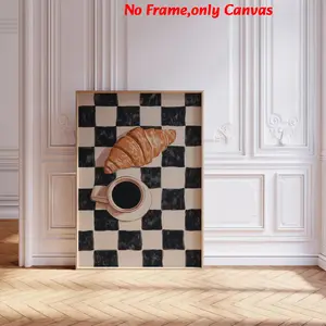 Unframed Wall Art, Vintage Poster, Vintage Prints, Plaid Coffee and Croissant Print, Hipster Food and Drink Painting, Restaurant Aesthetic, Modern Art Design Kitchen & Apartment Decor, Modern Home Decor, Housewarming Gift, Unique Artwork