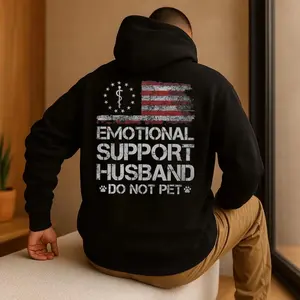 Emotional Support Husband Hoodie Back Print, Funny Do Not Pet Medical Symbol Sweatshirt, Gift For Husband Emt Boyfriend Husband Tshirt, Men's Graphic Tee, Unisex Long Sleeve Crewneck Tee, Casual Clothing