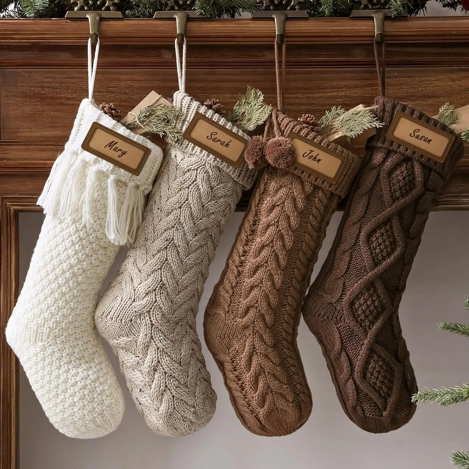 Farmhouse Knitted Personalised Christmas Stockings: 4 Pack 18 Inch Rustic Neutral  Knit Fireplace Stockings, Rustic Cozy Hanging Xmas Stocking Decorations for Family Holiday Decor, Earth