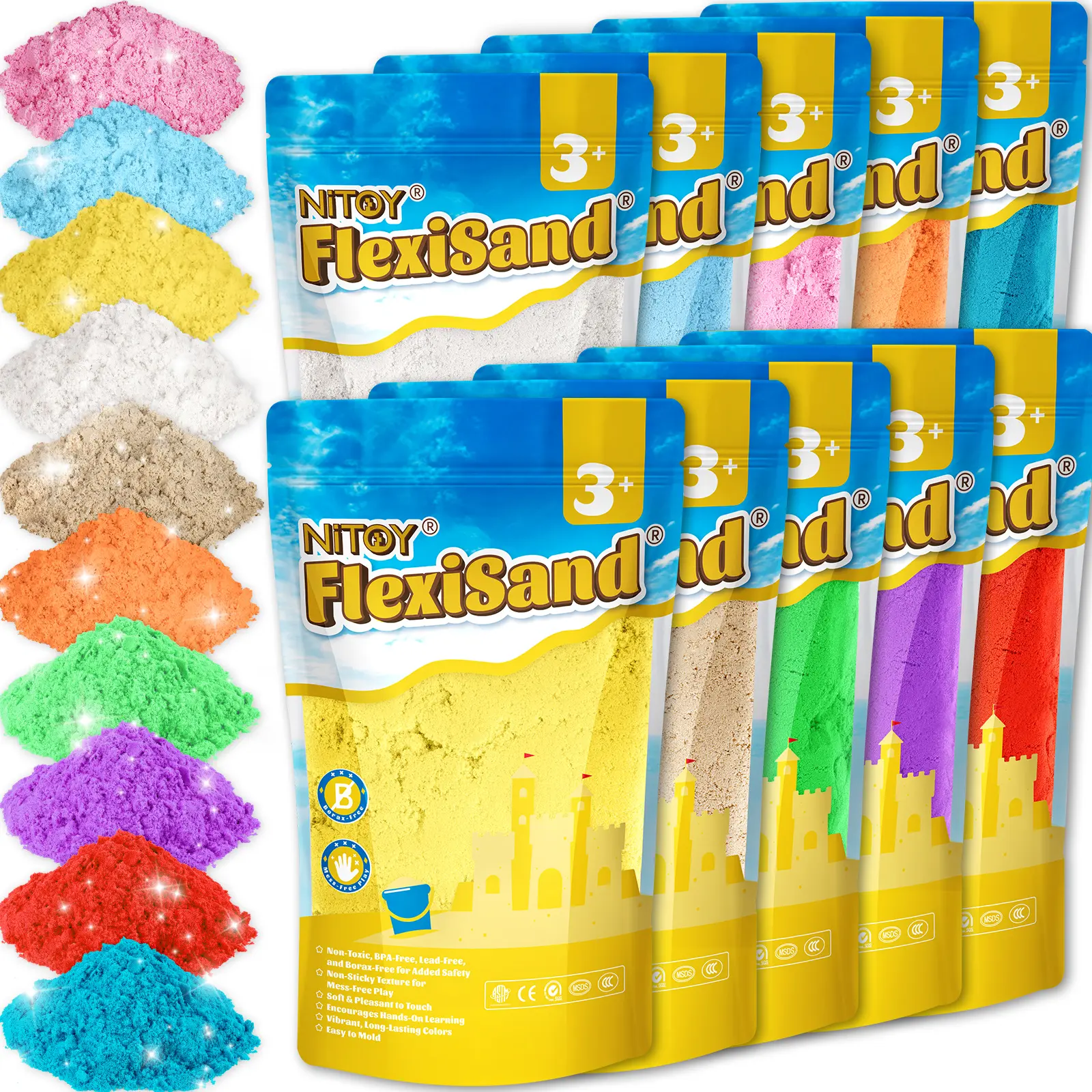 NiToy FlexiSand Value Pack - 19 lbs BPA-Free Polymer Sand with Attom Tech, 10 Colors, Self-Sticking, Never Dries Out, Less Mess Sensory Bulk Refills for 3+ Years Olds' Sandbox Toys, Aids Child Development, Ideal for Christmas, Thanksgiving