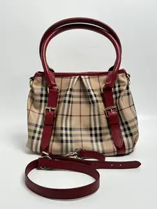Pre-owned BURBERRY Canvas Shoulder Bags Haymarket Check Coated Northfield Tote Bag Shoulder Handbag Red Trim SH408BR