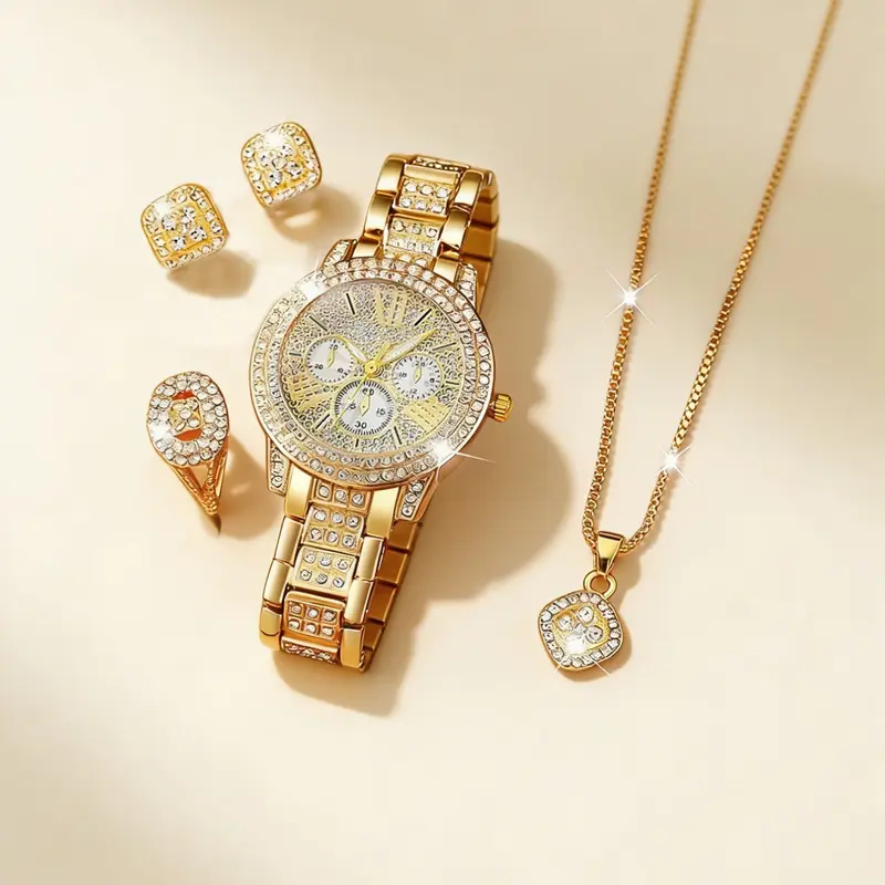 Women's Elegant Rhinestone Decorated Jewelry Watch Set, Exquisite Watch Set, Including Round Dial Analog Quartz Watch & Ring & Earrings & Pendant Necklace, Fashion Watch Set for Party, Daily Decor, Glamour Set