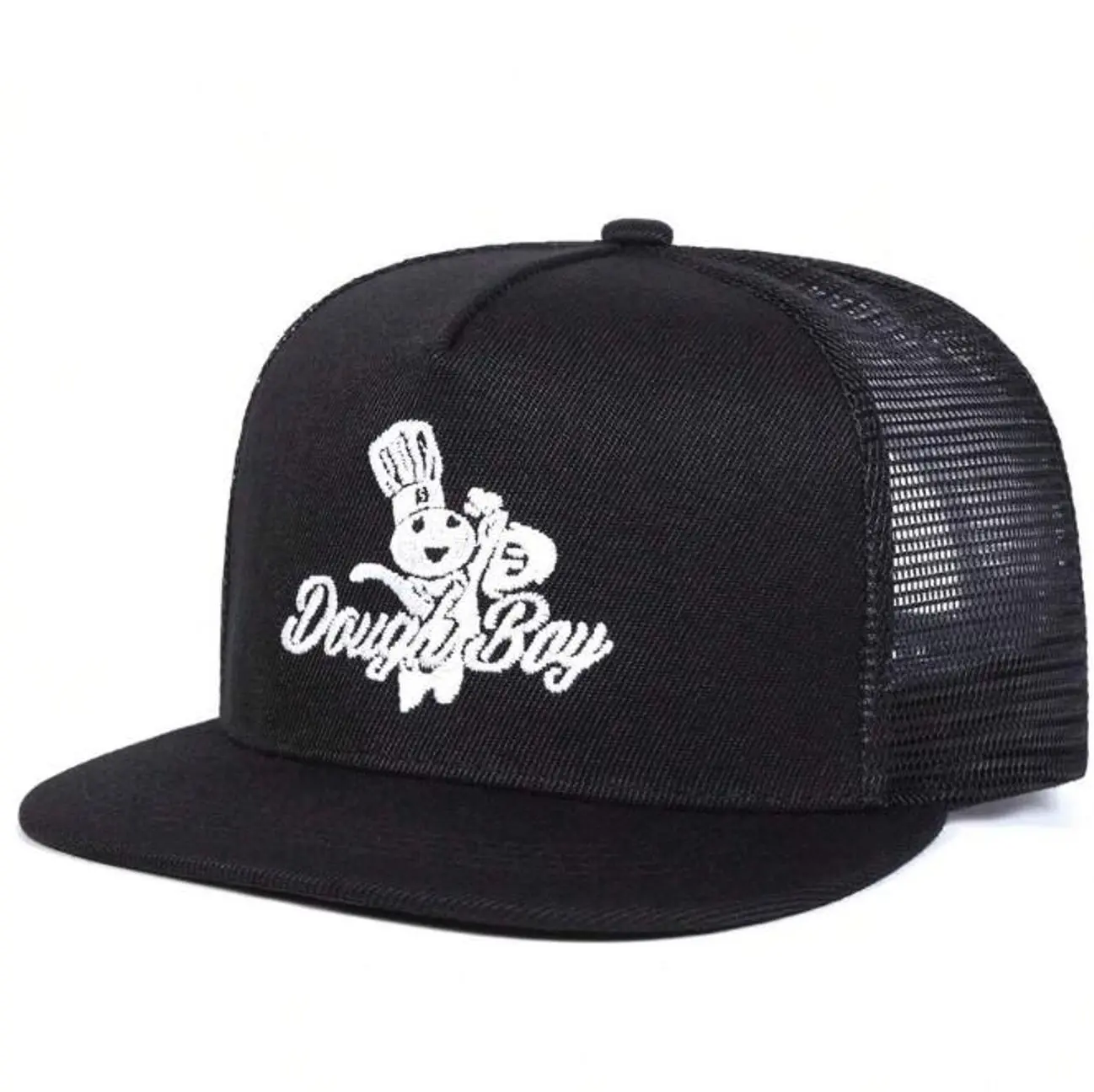 Black Mesh Back Hat Flat Brim Adjustable Closure Unisex Casual Everyday Cap Lightweight Headwear