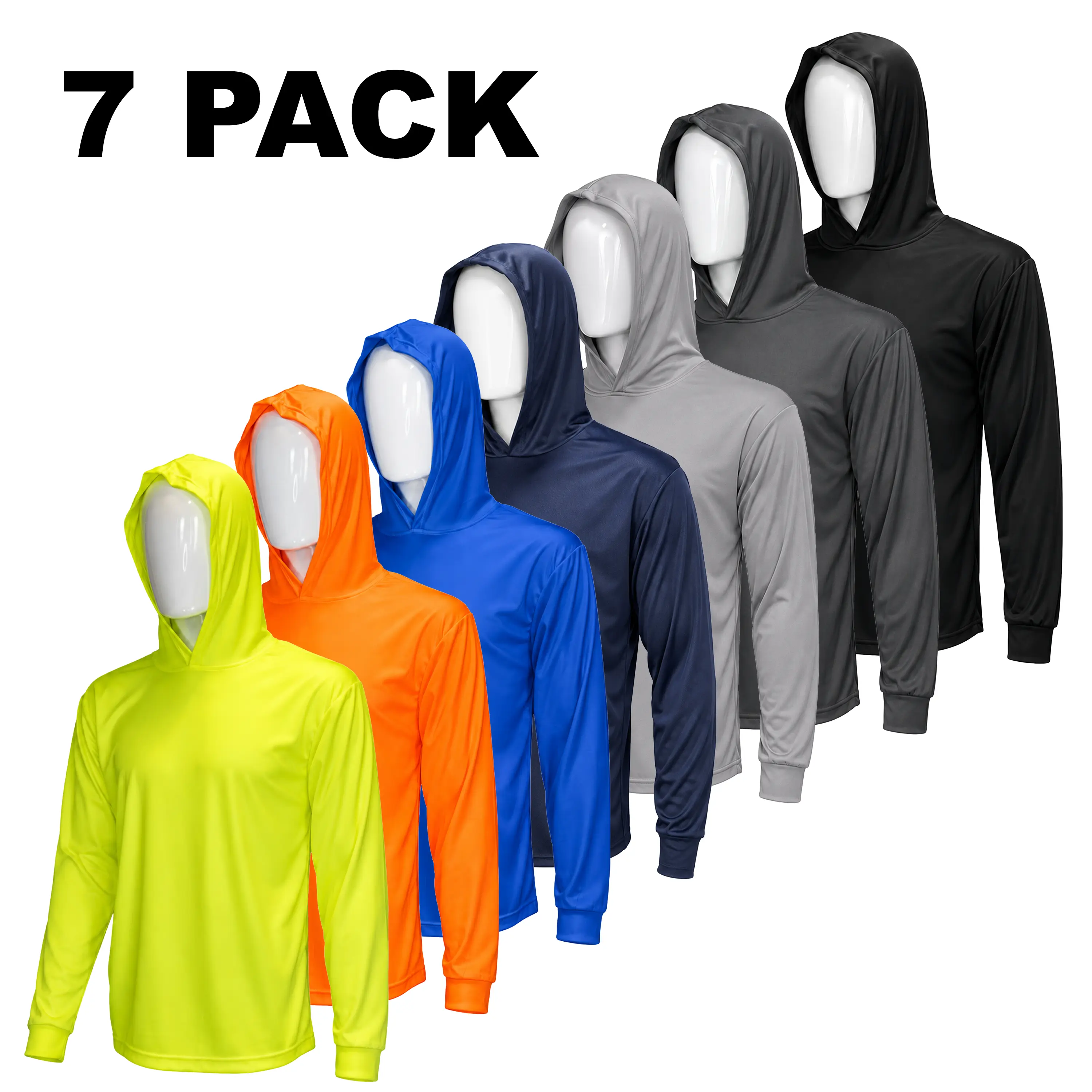 7 PACK SHIRTS - Hi Visibility ultra light weight Long sleeve hoodie shirt / polyester birdeye Fabric for quick dry