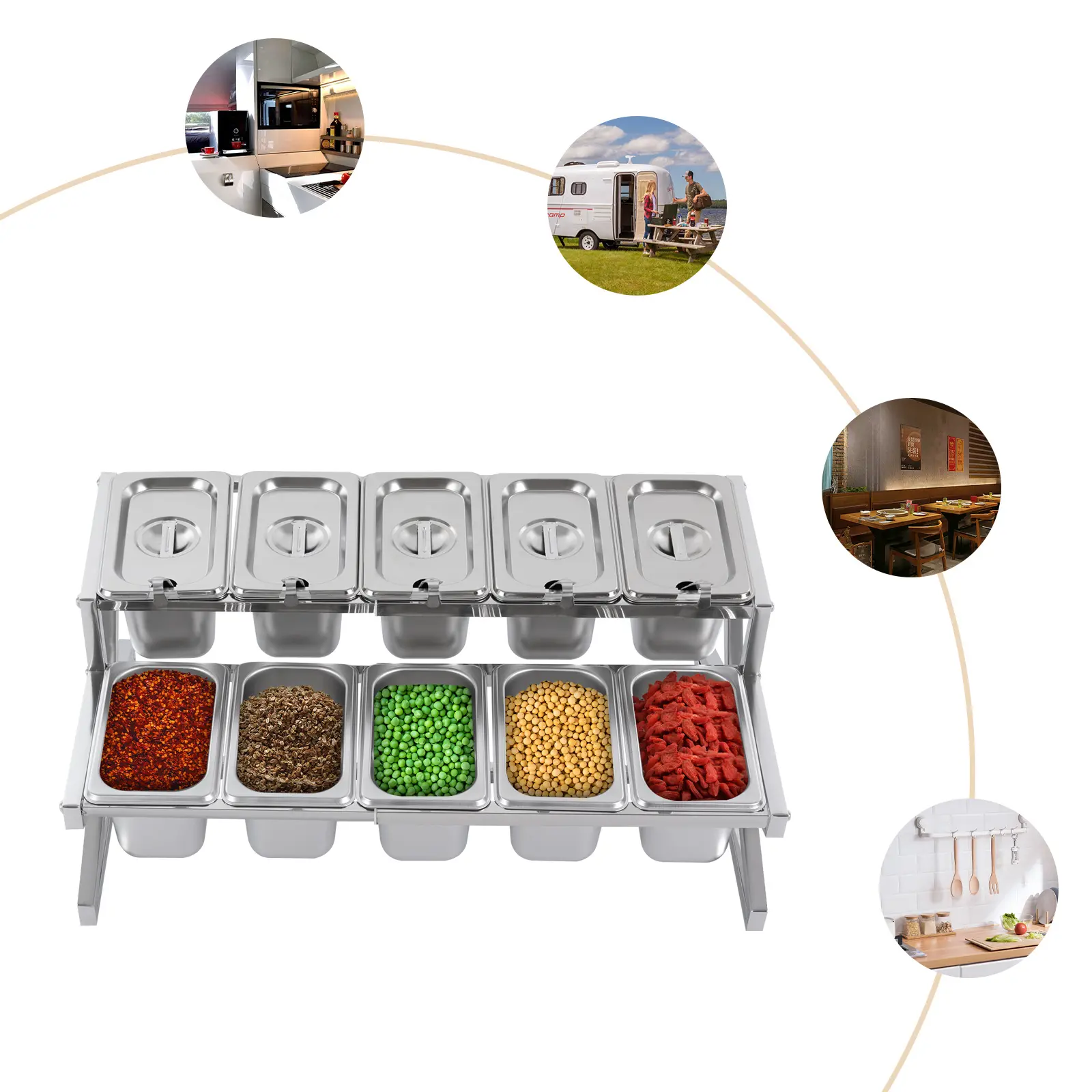 1 Set Expandable 2 Tier Countertop Spice Rack Modern Silver 201 Stainless Steel Triangle Reinforced High Load Bearing Organizer with 10 Lidded Seasoning Trays Adjustable Length Storage Rack for Kitchen Counter Cabinet