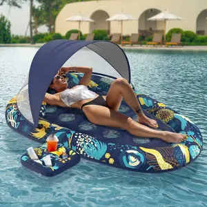 3-In-1 Pool Floats Lounge, Inflatable Pool Floats For Adults With Canopy And Cup Holder