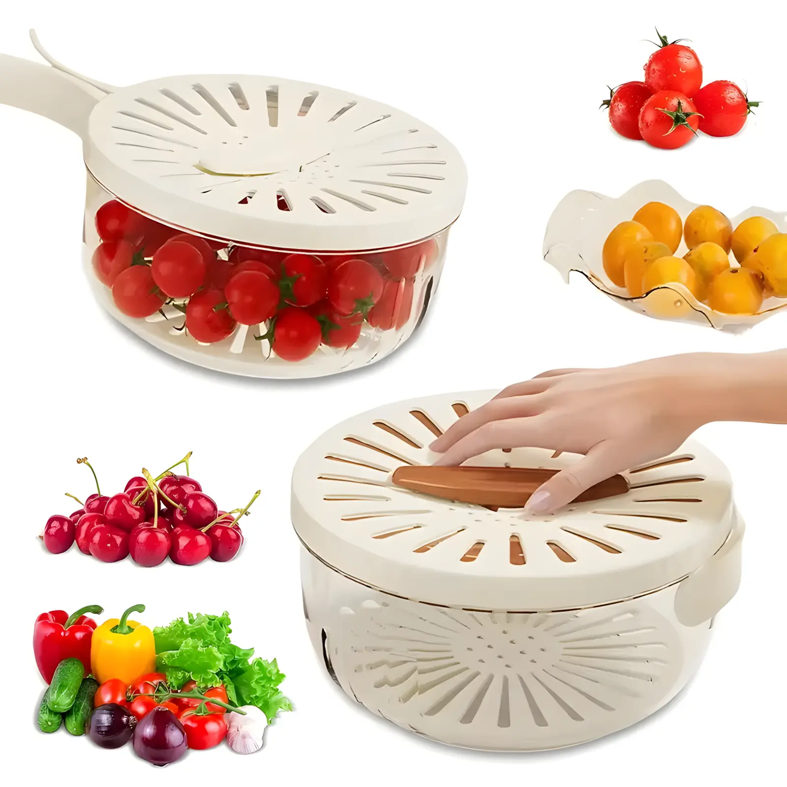 Multifunctional Fruit Strainer Container with Lid 2 in 1 Drain Basket Foldable Handle Fruit Washing Bowl Strainer Berry Fridge Kitchen Storage Dishwasher Safe Slicer Durable Vegetable Slicer 1Pcs Brown Utensils, Fruit Vegetable Slicer