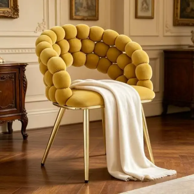 Dufominc   Set of 2 Bubble Velvet Dining Chairs, Mustard Yellow Puffy Upholstered Dining Chairs with Gold Metal Legs, Modern Accent Side Chairs for Dining Room, Bedroom, Vanity Table