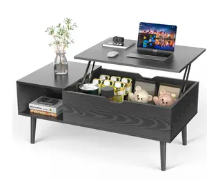 Wooden Lift Top Coffee Table with Hidden Compartments and Adjustable Shelves - Ideal for Small Homes, Apartments, Reception Rooms, Black Grain