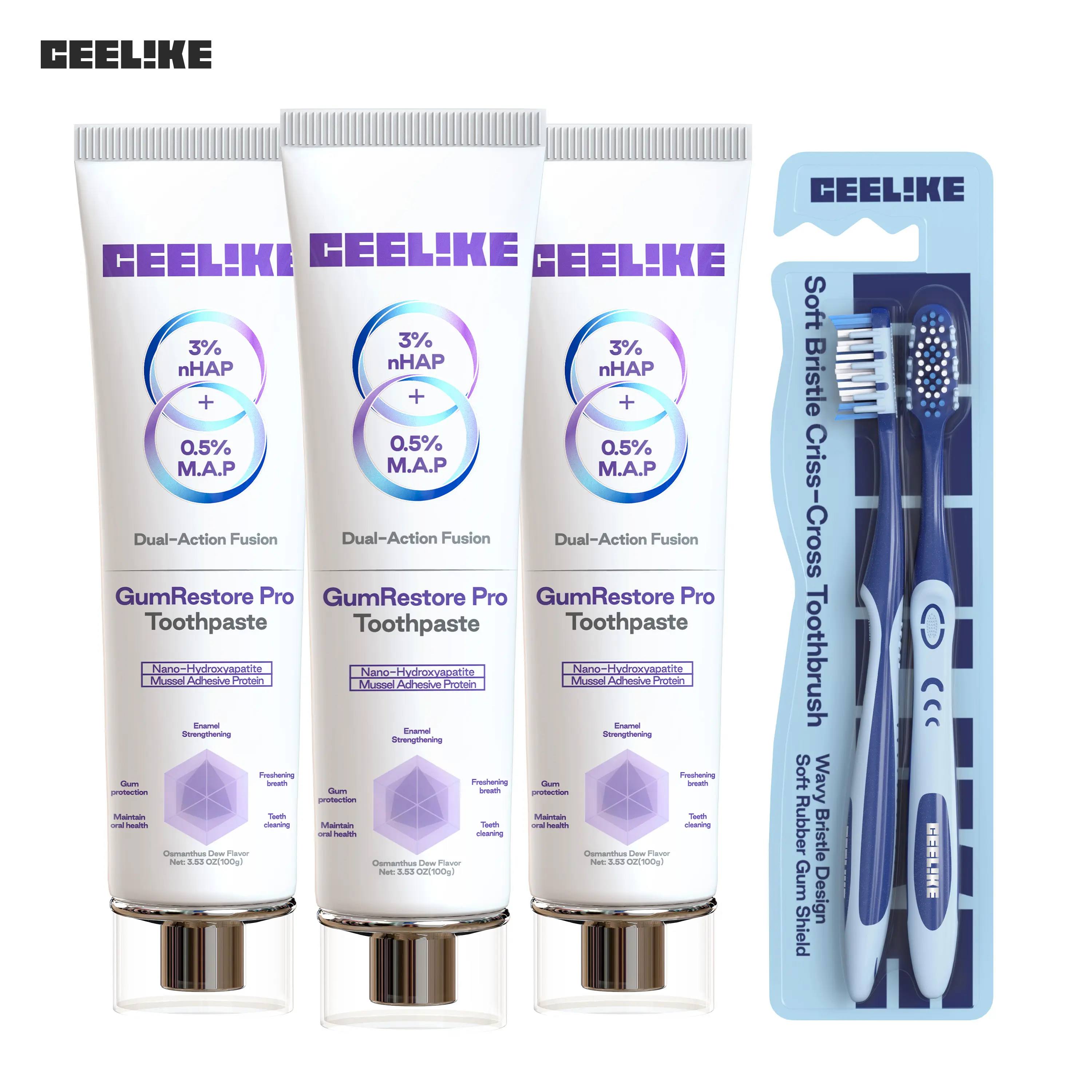 CEELIKE 3 Tubes GumRestore Pro Toothpaste + Toothbrush | Effective Teeth-Cleaning Combo Gum Care Repair