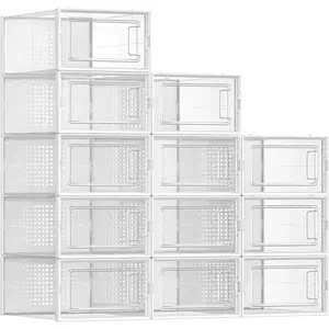 Shoe Boxes, Pack of 12 Shoe Storage Organizers, Stackable Clear Plastic Boxes for Closet, Sneakers, 9.1 x 13.1 x 5.6 Inches, Fit up to  Size 11, Transparent and White ULSP12SWT
