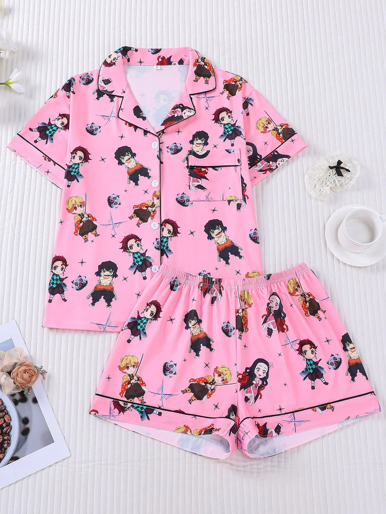 Demon Slayer Chibi All-Over Print 2-Piece Pajama Set for Women, Pink Girly Style Lapel Short Sleeve Top with Pocket & Elastic Waist Shorts, Soft Comfortable All-Season Casual Daily Loungewear Outfit Shorts Sets Sleepwear