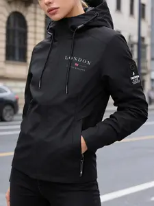 Women's Waterproof Windproof Hooded Rain Jacket - Zippered Jacket, LONDON UK Flag Print, Black & Light Blue Two Colors, Lightweight Breathable Outerwear Coat with Zipper Pockets, Loose Fit Fashion Casual Style for Hiking, Travel & Daily Commute
