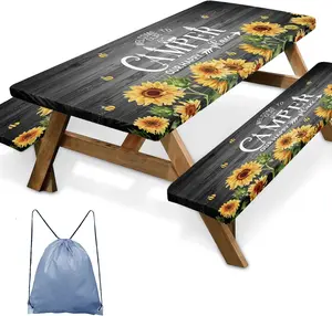 Sunflower Picnic Table Cover with Bench Covers, Rustic Grey Wooden Summer Floral Farmhouse Outdoor Camping Essentials 6FT 3 count Fitted Rectangle RV  Haves Tablecloth with Drawstring Bag