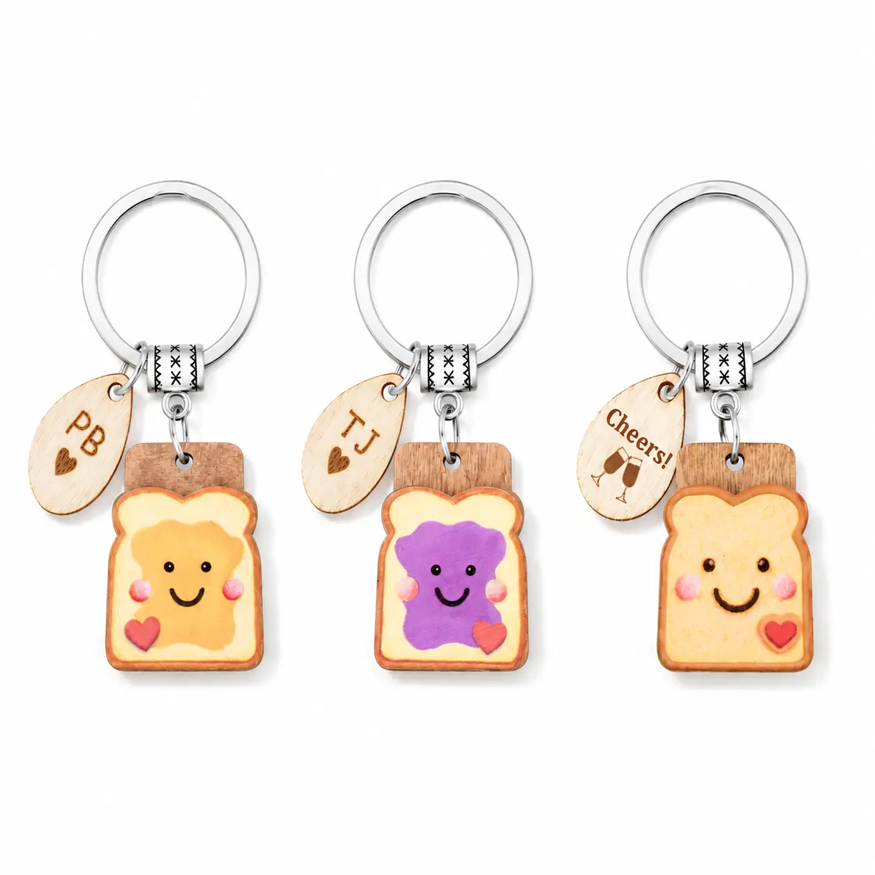 pealicious 2 PCS Toast Shaped Wooden Keychain Set, Cute Couple Key Ring for Best Friends, Christmas & Father's Day Gift, Keychain Included
