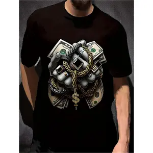 Men's Black Dollar Bill & Money Chains Graphic T-Shirt - Wealth Style Currency Print Short Sleeve Round Neck Top, Casual Streetwear for Urban Fashion & All-Season Comfortable Wear