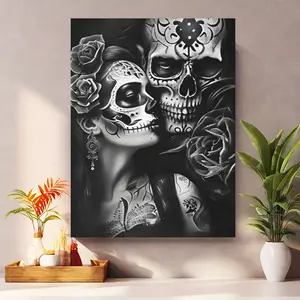 Day of the Dead Sugar Skull Couple Canvas Art Poster, Black and White Gothic Love-Themed Wall Decor, Frameless Modern Home Decoration, Unique Floral Patterns, Creative Canvas Print for Living Room Bedroom Bathroom, Office Café Artwork rimless