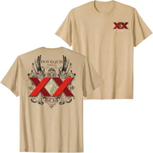 Dos Equis XX Crest Logo Graphic Beige T-Shirt with Vintage Winged Emblem Back Print, Classic Mexican Beer Style Streetwear Tee for Men Women Unisex Casual Summer Shirt