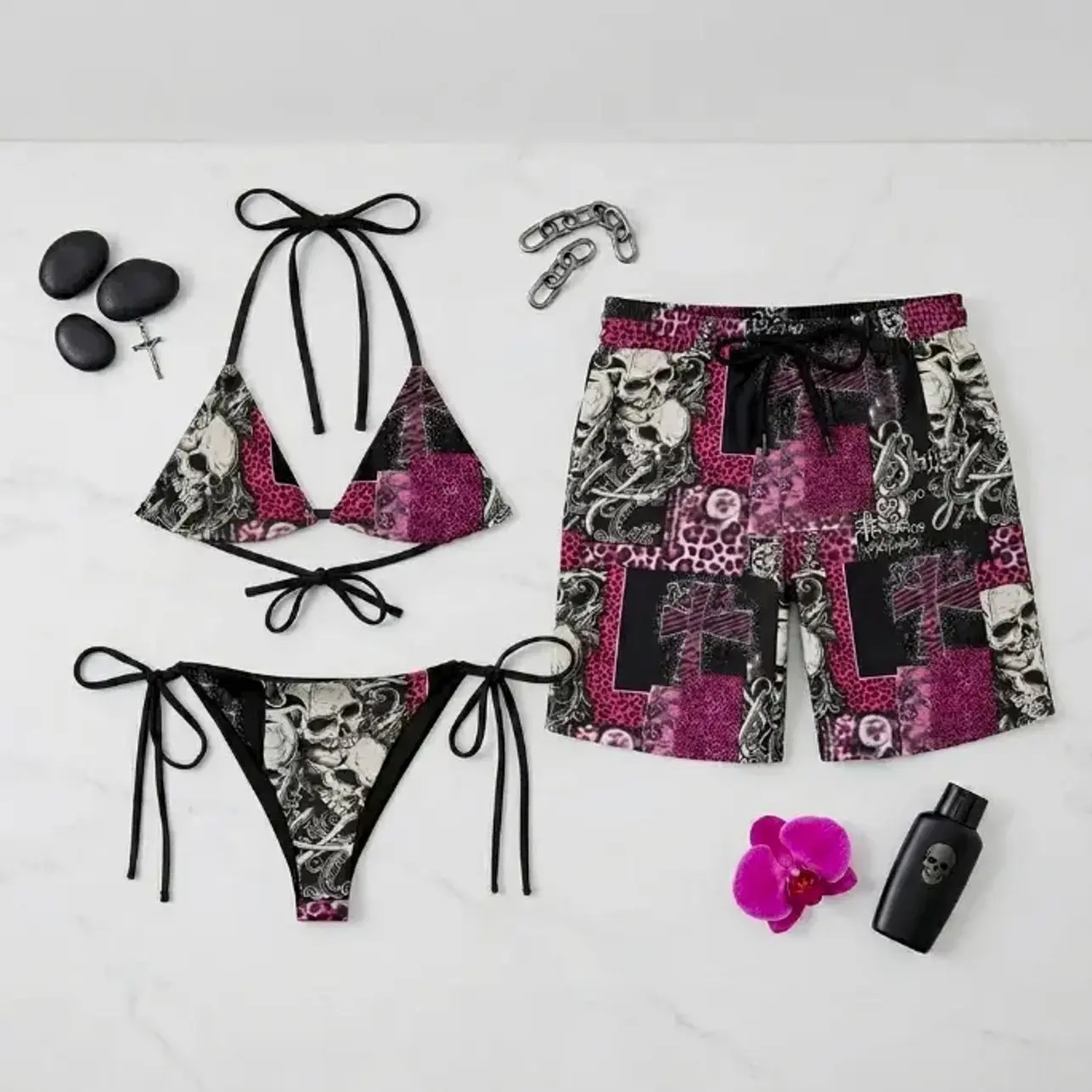 Matching Couple Y2K Gothic Swimwear Set – Skull Print Pink Leopard Bikini & Men’s Board Shorts, Alternative Punk Rock Summer Beach Outfit, Lightweight Quick Dry Vacation Swimwear