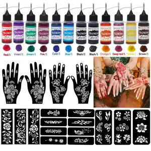 Hand Tattoo Stencil Set with 12 Temporary Tattoo Juice Ink Bottles, Multi-Pack, Non-Flammable, Includes Purified Water, Ethanol, Glycerinum & Propylene Glycol, Temporary Tattoo Kits