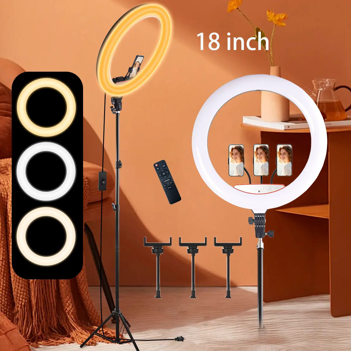 18 Inch LED Circle Light with 73'' Tripod Stand,Adjustable Color Temperature, CRI 95, With 3 Phone Holder for Makeup/ YouTube Video/ / Live Streaming, Content Creation Gear, Adjustable Brightness vlogger content creator youtube tiktok video tiktokshopback