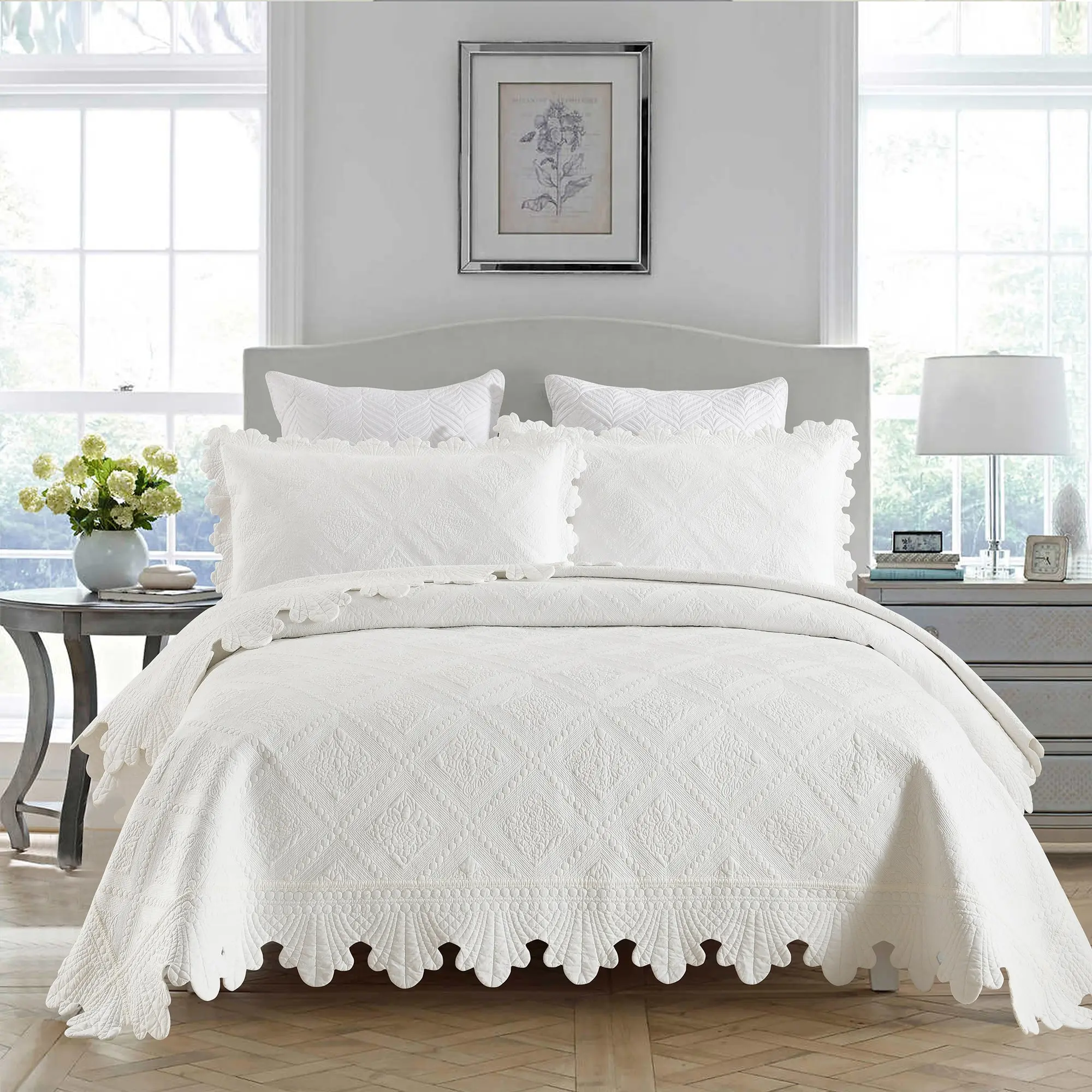 3-Piece Elegant White Ruffled Edge Quilted Queen Comforter Set, Embossed Geometric Pattern Bedspread with Pillowcases, Soft Cotton Blend Bedding Set, French Country Farmhouse Style Quilt Bedroom Decor, Bedding Sets