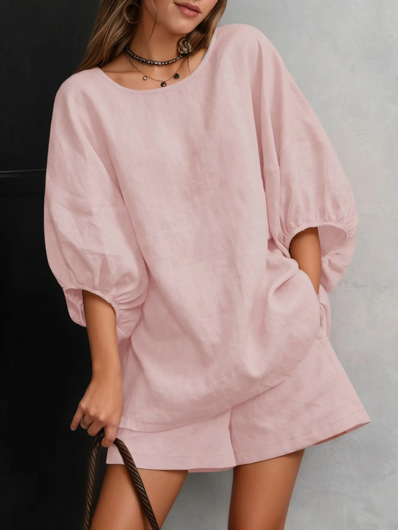 Women's Casual Basic Set, Womenswear Round Neck Seven-Quarter Lantern Sleeves + High Waist Short Pants Design, Perfect for Daily Outings Commuting Clothes Fashion Style Sets