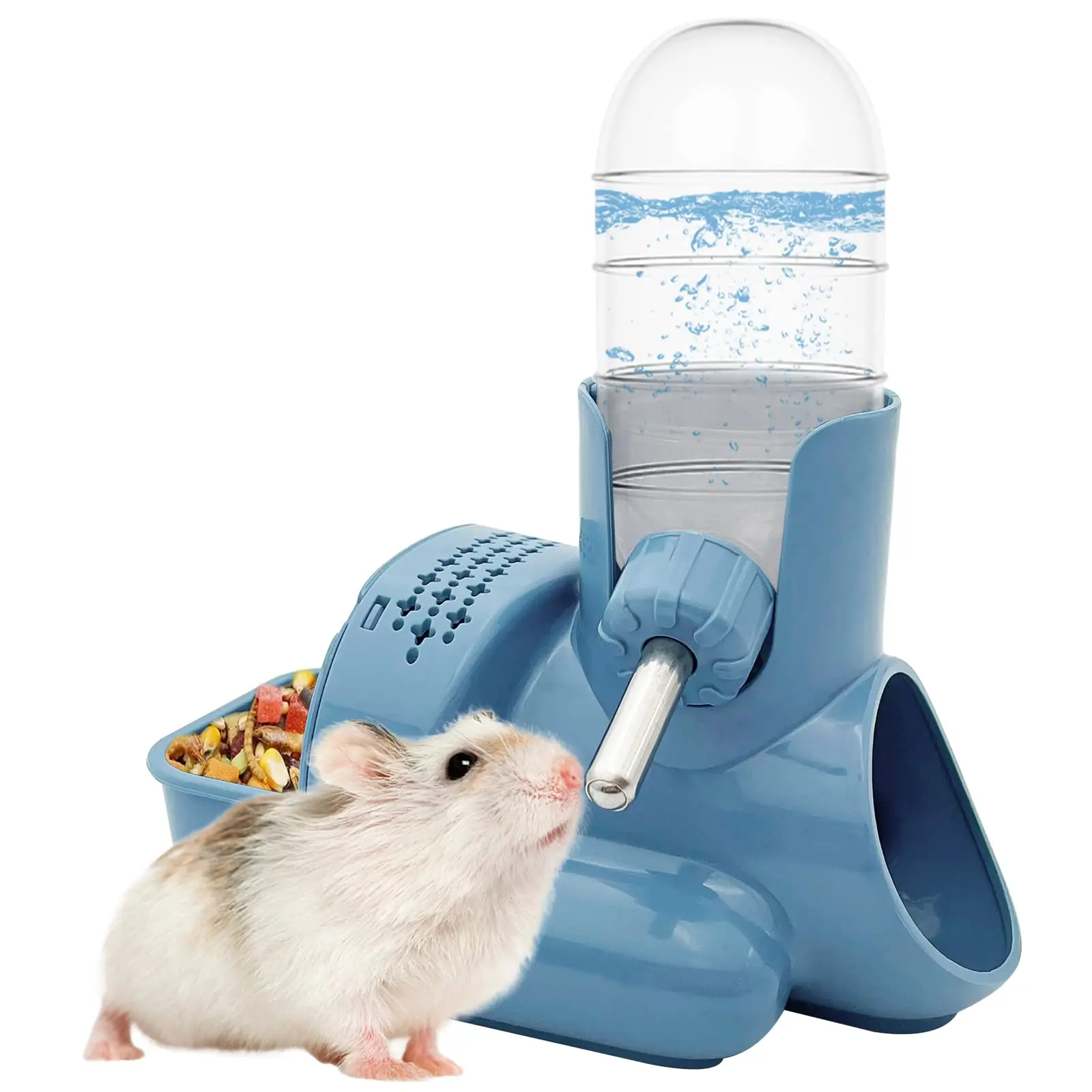 3-in-1 No-Drip Automatic Hamster Water Feeder - 4oz/120ml Stainless Steel Dispenser, BPA-Free Small Animal Supply with Food Container, Hollow Hideout Base for Gerbils