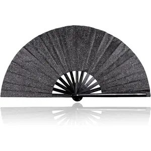 Large Hand Fan Folding Rave Fans(Black) - Glitter Fabric & Portable  Frame for Line Dancing,EDM Festivals ,Club Parties,Kung Fu
