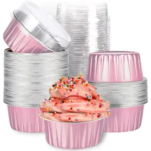 Mini Aluminum Foil Cupcake Baking Cups with Lids (30pcs, 5oz) Round Cupcake Foil Liners Tart Pie Tin Pan Holder - Disposable Mini Cake Containers Flan Molds for Pudding, Souffle, Party, Wedding