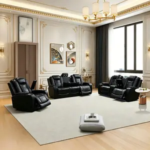 Super High-End Luxury Black Breathing Leather 3-Piece Recliner Sofa Set with LED Lights & USB Charging Cup Holder for Living Room