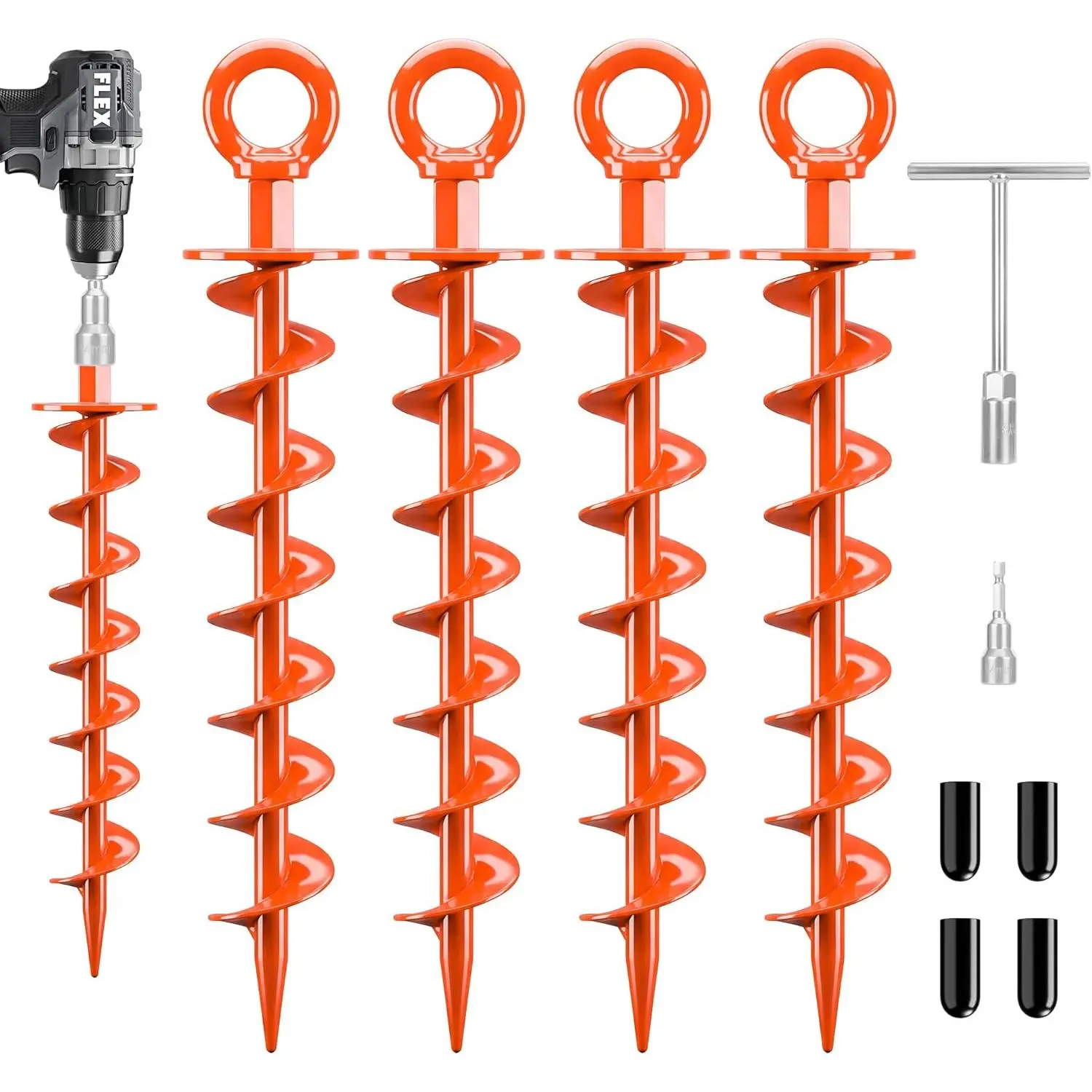 Ground Anchors Screw in Heavy Duty, 4 Pack 15 Inch Spiral Earth Anchors for Trampoline Anchors High Wind, Swing Set Anchors, Tent Stakes,  Tie Out & Canopy Stability, Orange, 4 Pack