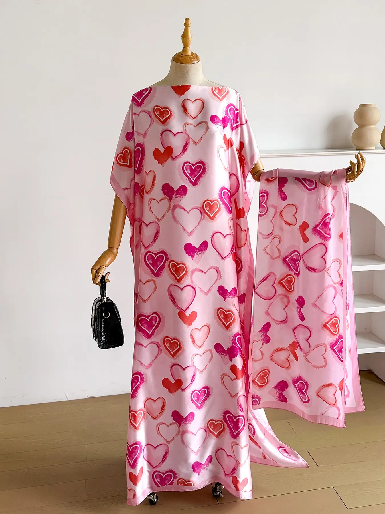 Women's Elegant Floral Pattern Robe Set, Long Dress + Headscarf Scarf Hairband, Beach Sun Protection Satin Silk Shawl