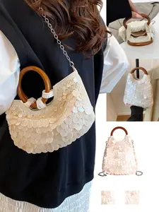 Acrylic Sequins Shell Texture Bag, Wooden Handle, Handheld Shoulder Crossbody, Two Styles, Suitable for Different, Fashion Elegant Handbag, Stylish Handbag