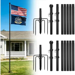2 Pack 10ft In Ground Flag Pole for Outside House - Fit for 2 Flags Extra Thick Flag Pole Kit with 5 Prongs Base, Windproof Ground Flagpoles for Residential Small Medium Lawn Temporary Event