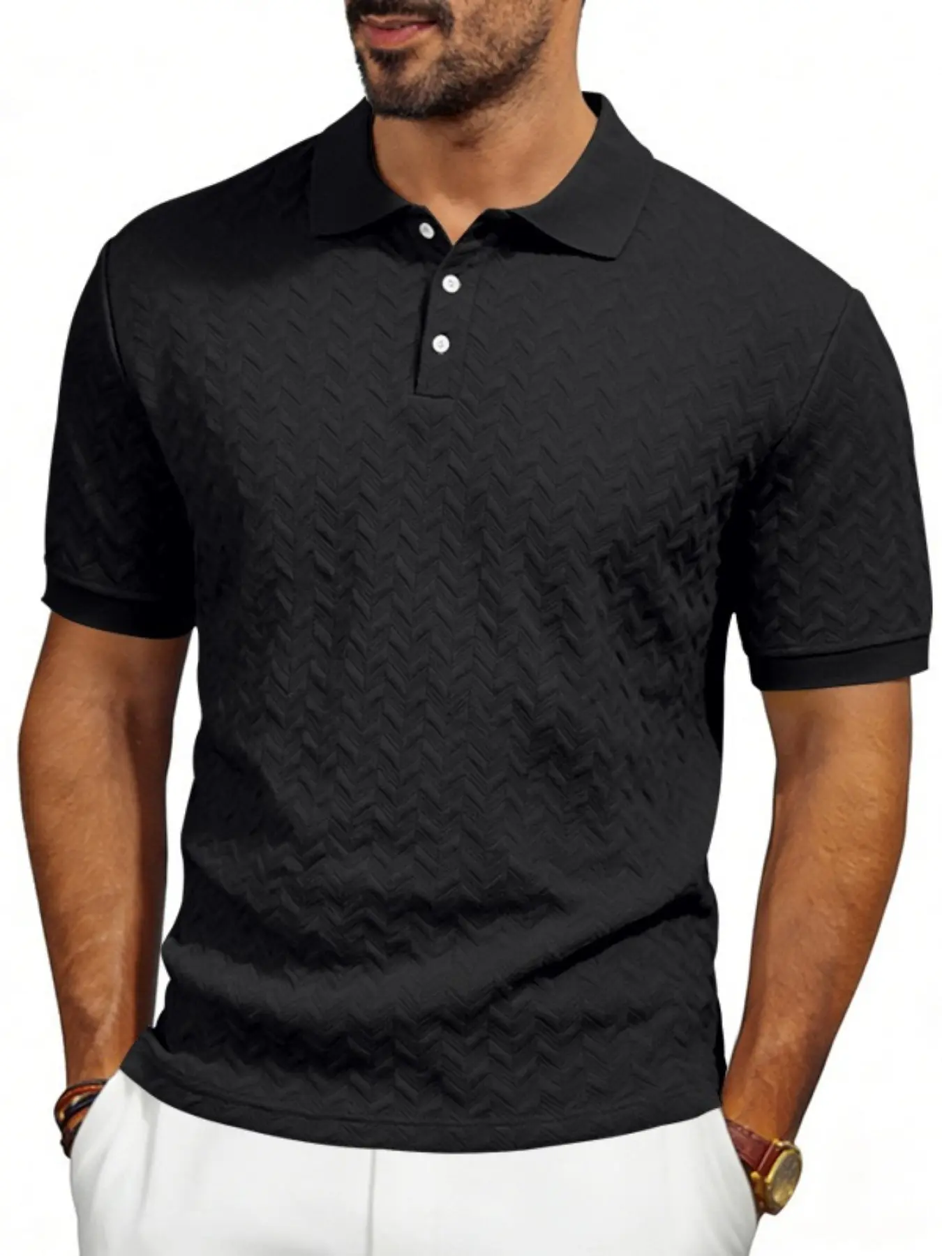Men's Textured Athletic Polo Shirt | Chevron Knit Stretch Fabric | Moisture-Wicking & Breathable | Slim Fit for Gym, Running & Outdoor Sports | Versatile Activewear Essential | Fitted Polo