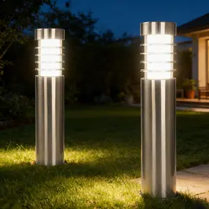 Solar Path Bollard Lights Outdoor, 2 Pack 27 Inch LED Solar Powered Stainless Steel Path Lights, Waterproof White Landscape Lighting for Patio Yard Garden Walkway Driveway Pathway Decor