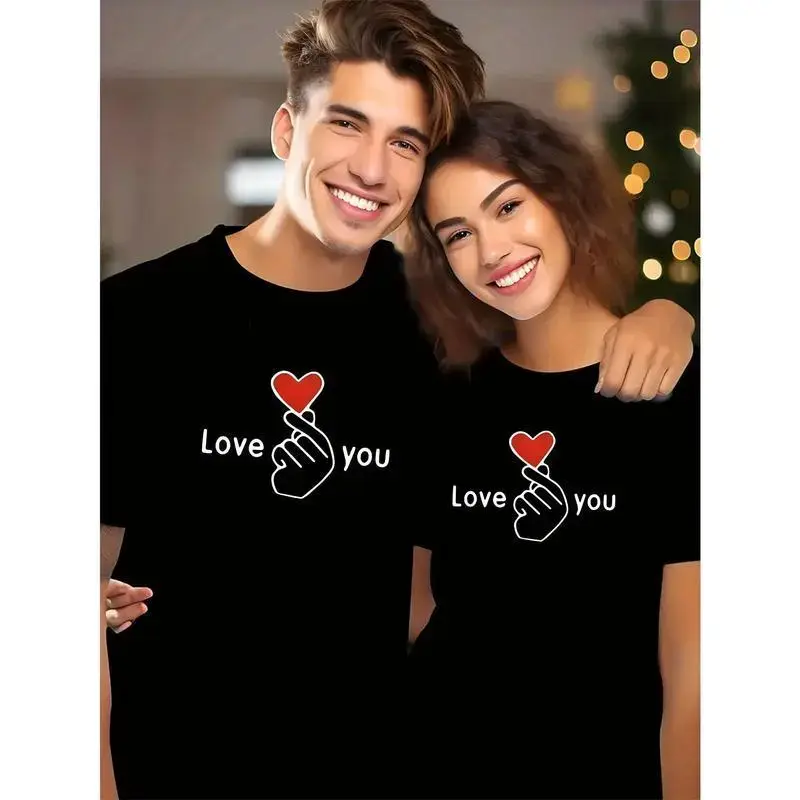 Love You Gesture Print Top 100%25 Cotton Couple Style Round Neck, Casual Elegant Black Short Sleeve T-Shirt, Valentine's Day Streetwear