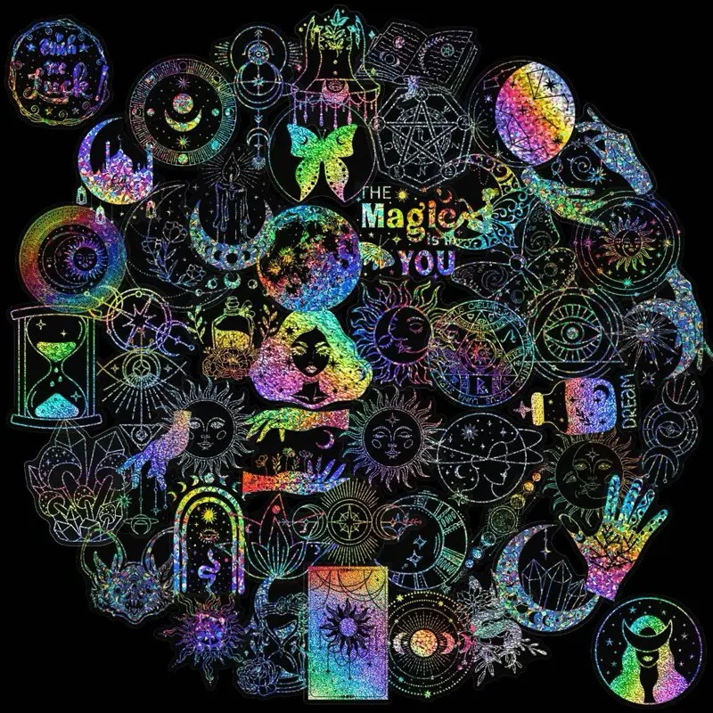 Magic World 100 pcs Holographic Stickers for Water Bottles Laptops Luggage Journaling Craft Projects Waterproof Vinyl Decals for Kids Teens Adults DIY Decorative