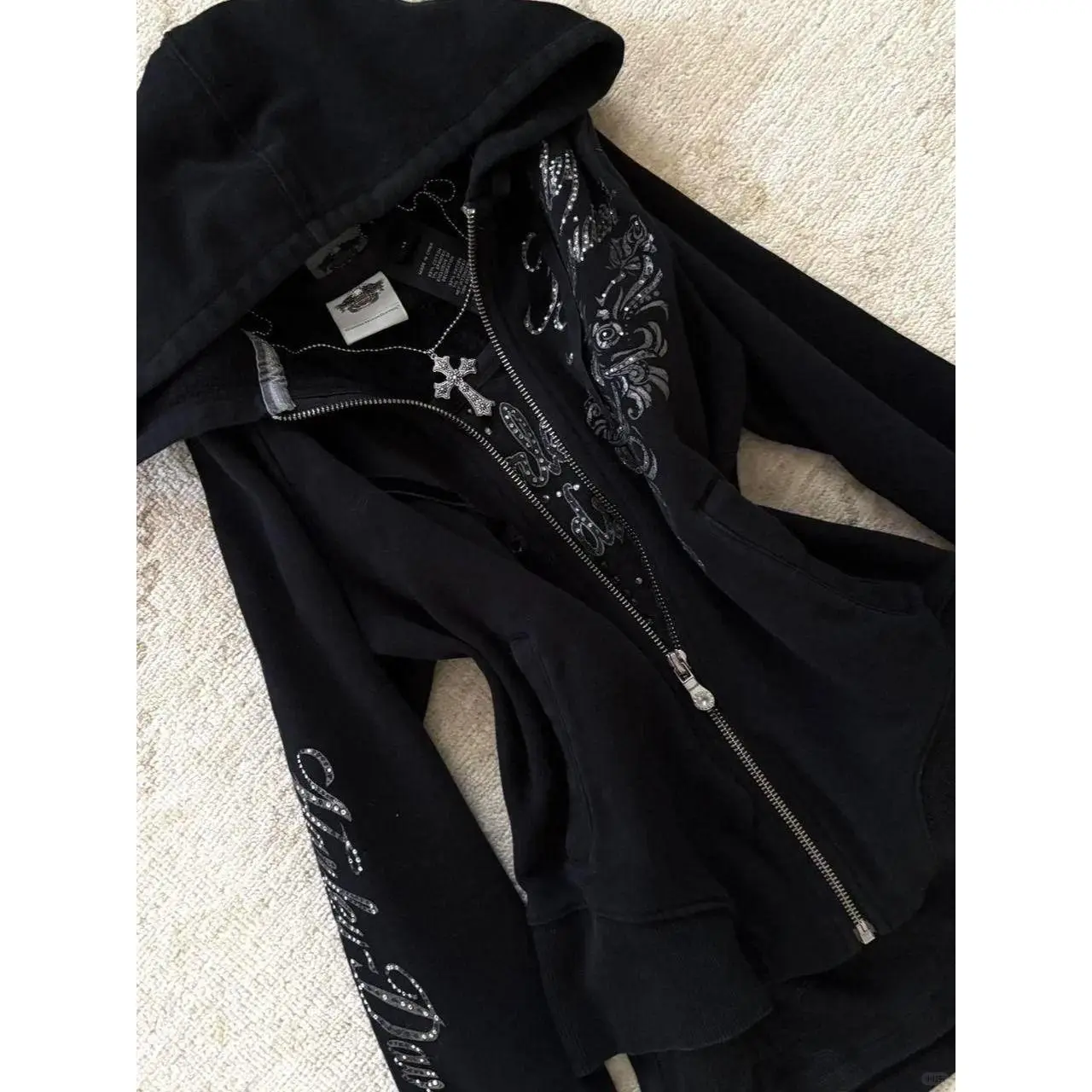 American retro slim-fit short hooded sweater jacket women's autumn new Spice Girl subculture y2k printed top