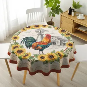 1PC Round Tablecloth, Vintage Textured Background with Colorful Rooster, Windmill & Barn Pattern (Sunflower Wreath Accents), Decorative Table Linen for Dining Table, Home Decor & Rustic Farm-Themed Gatherings, Picnic Table Cover