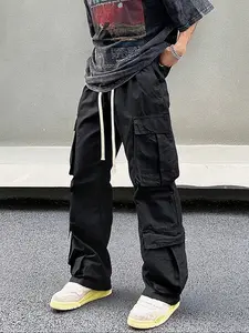 Men's Solid Pocket Drawstring Cargo Pants, Loose Street Straight Leg Trousers, Mens Clothing, Summer Pants, Men's Bottoms for Daily Wear
