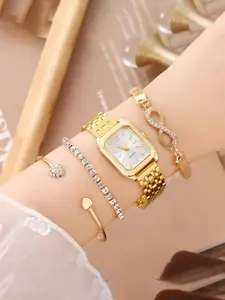 Women's Quartz Watch Set, Rectangle Analog Dial, Alloy Case, Golden Color Band, Casual Style, Perfect for Daily Wear & Business Meetings, Elegant Quartz Watch