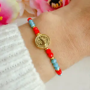 Saint Benedict Bracelet | Red String | Aquamarine & Red Crystal Beads | 18K Gold Plated Charm | 5"–9"