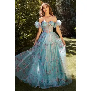 BLUE FLORAL PRINTED BALL GOWN, evening gown, dress, formal, prom, wedding guest