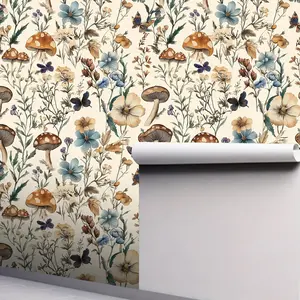Bohemian Vintage Peel and Stick Self-Adhesive Wallpaper - Bohemian Pattern Multicolor Flowers, Mushrooms & Butterflies Design | Waterproof Vinyl, 17.32x118.11inch, Large Coverage | Classic Aesthetic for Living Room, Bedroom Home Decor