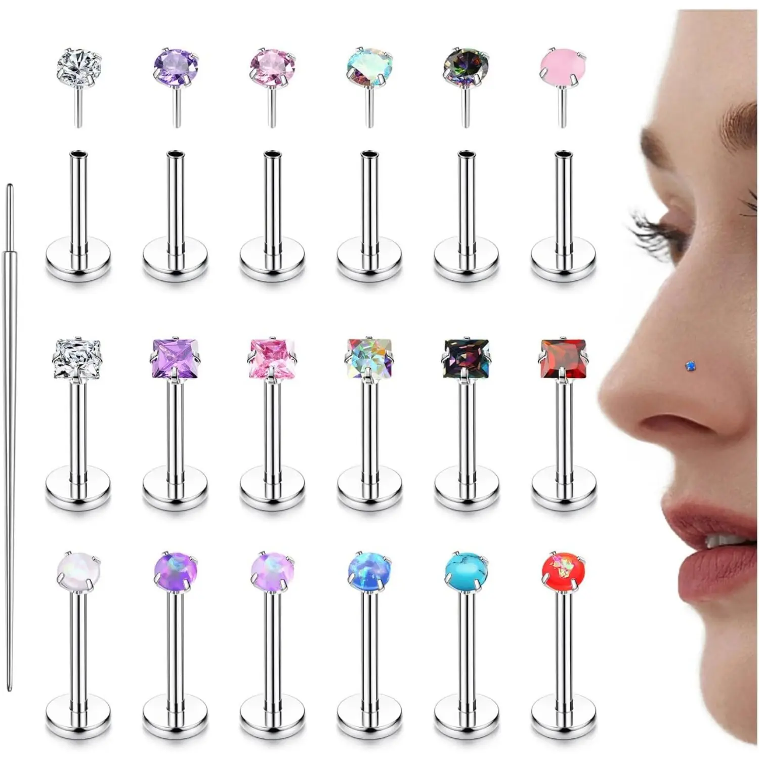 Trendy Summer 18PCS Threadless Nose Rings Studs for Women Men 20G 18G 16G Hypoallergenic Surgical Stainless Steel Labret Lip Rings CZ Opal Push in Earrings Flat Back Nose Stud Cartilage Nostril Conch Helix Tragus Piercing Jewelry Nose Cuff