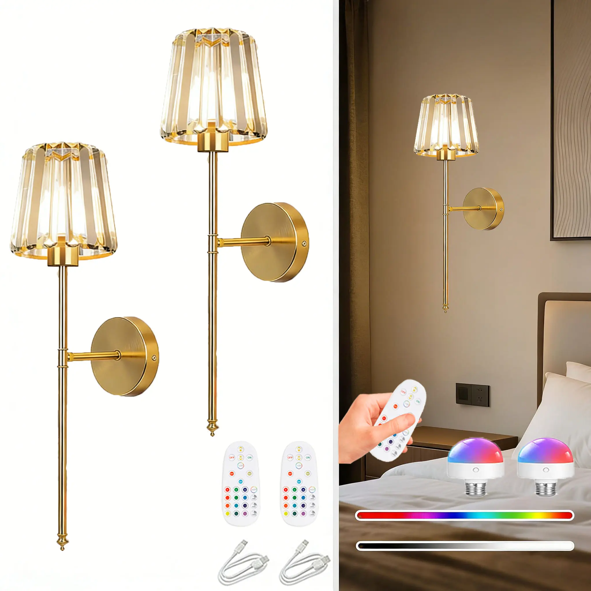 2 Piece Luxury Crystal Wall Sconces USB Charging Battery Powered Wireless Wall Light With Remote Control And Bulbs Half Inset Adjustable Indoor Lighting For Bathroom Bedroom Premium Upscale Atmosphere Home Wall Decor